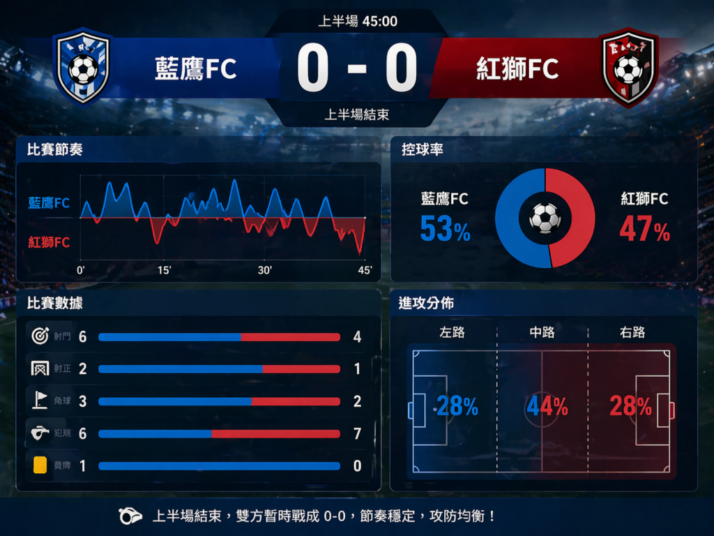 足球滾球上半場0-0比分數據圖：射門、控球率與比賽節奏分析畫面