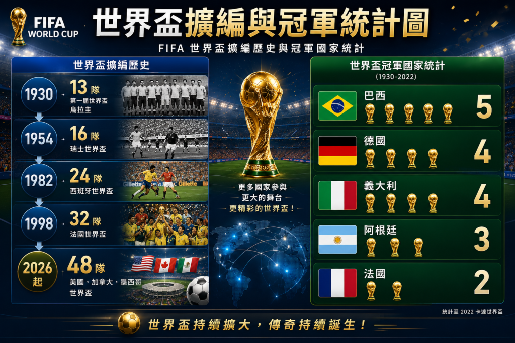 FIFA 世界盃擴編歷史與冠軍國家統計圖，內容呈現世界盃參賽隊伍從1930年13隊、1954年16隊、1982年24隊、1998年32隊到2026年48隊的擴編演化過程，以及巴西、德國、義大利、阿根廷與法國等歷屆世界盃冠軍次數統計，搭配世界盃獎盃、足球場景、國旗元素與數據圖表分析畫面。