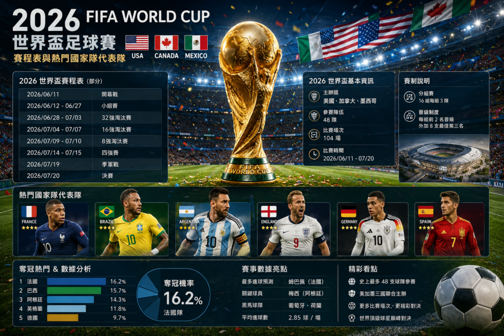 2026 世界盃足球賽賽程與熱門國家隊分析示意圖，展示 2026 FIFA World Cup 主辦國美國、加拿大、墨西哥的世界盃賽事資訊，包括世界盃賽程表、奪冠熱門、熱門國家隊代表隊、足球數據分析與冠軍預測，搭配世界盃獎盃、滿場球迷與大型足球場景，適合作為世界盃賽程、足球預測、運彩分析與足球專題文章封面圖。