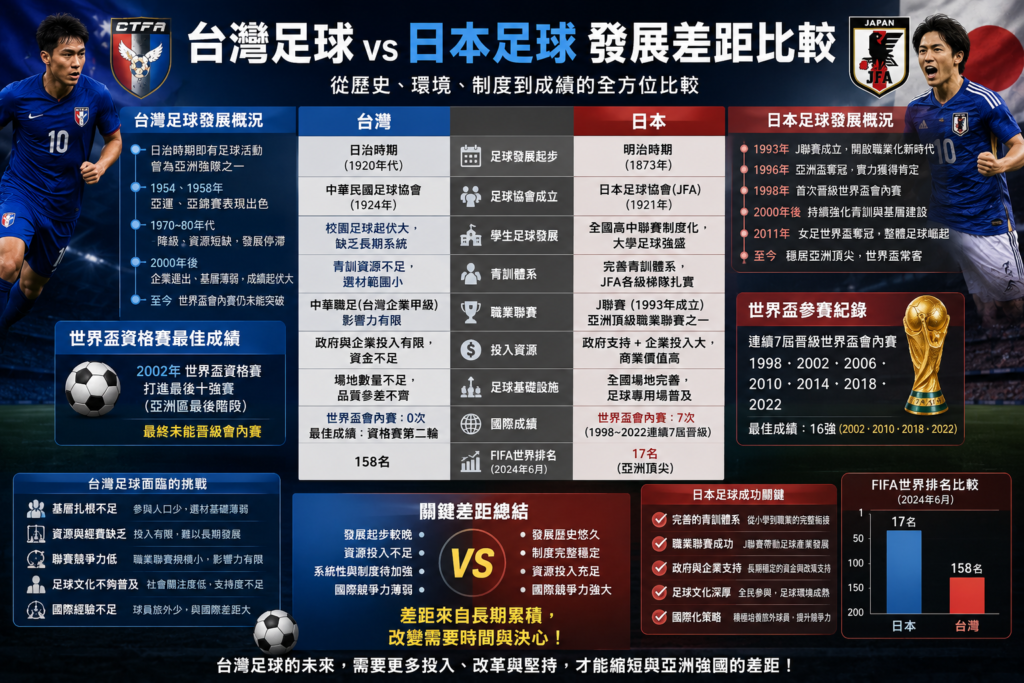 台灣足球與日本足球發展差距比較圖，透過資訊圖表分析兩國足球發展歷史、青訓制度、職業聯賽、政府與企業投入、足球人口、世界盃參賽紀錄及 FIFA 世界排名差異，呈現日本從 J聯盟成立到連續晉級世界盃的成功模式，以及台灣足球面臨的發展挑戰。