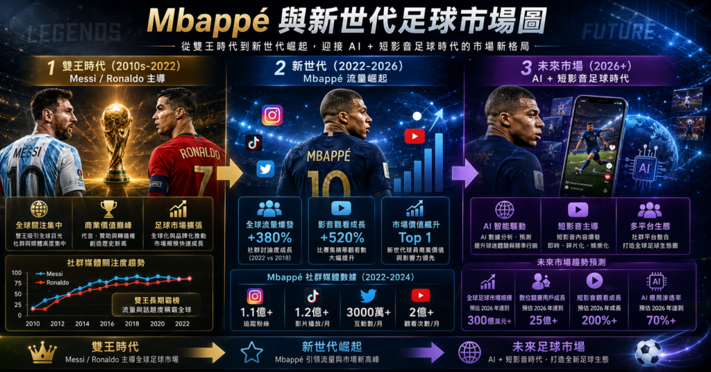 Kylian Mbappé 與新世代足球市場演化分析圖，內容比較Messi與Ronaldo主導的雙王時代、Mbappé帶動的新世代足球流量崛起，以及未來AI與短影音平台驅動的足球市場趨勢，搭配足球明星、社群媒體圖示、世界盃元素與全球流量數據分析畫面呈現。