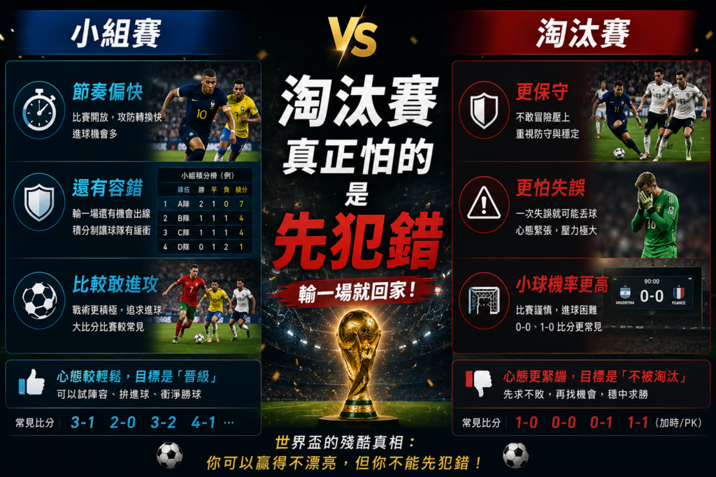 小組賽 vs 世界盃淘汰賽差異分析示意圖，左側展示小組賽節奏快、容錯率高與積極進攻風格，右側展示淘汰賽保守戰術、害怕失誤與小球機率提升，解析世界盃淘汰賽真正害怕的是先犯錯的比賽心理。